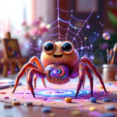The primary subject of the image is a cartoon spider with a smiling face, sitting on a table. The setting is a table with a colorful background, and the visual style is digital art. The colors and mood of the image are vibrant and cheerful, with a focus on the spider's happy expression.